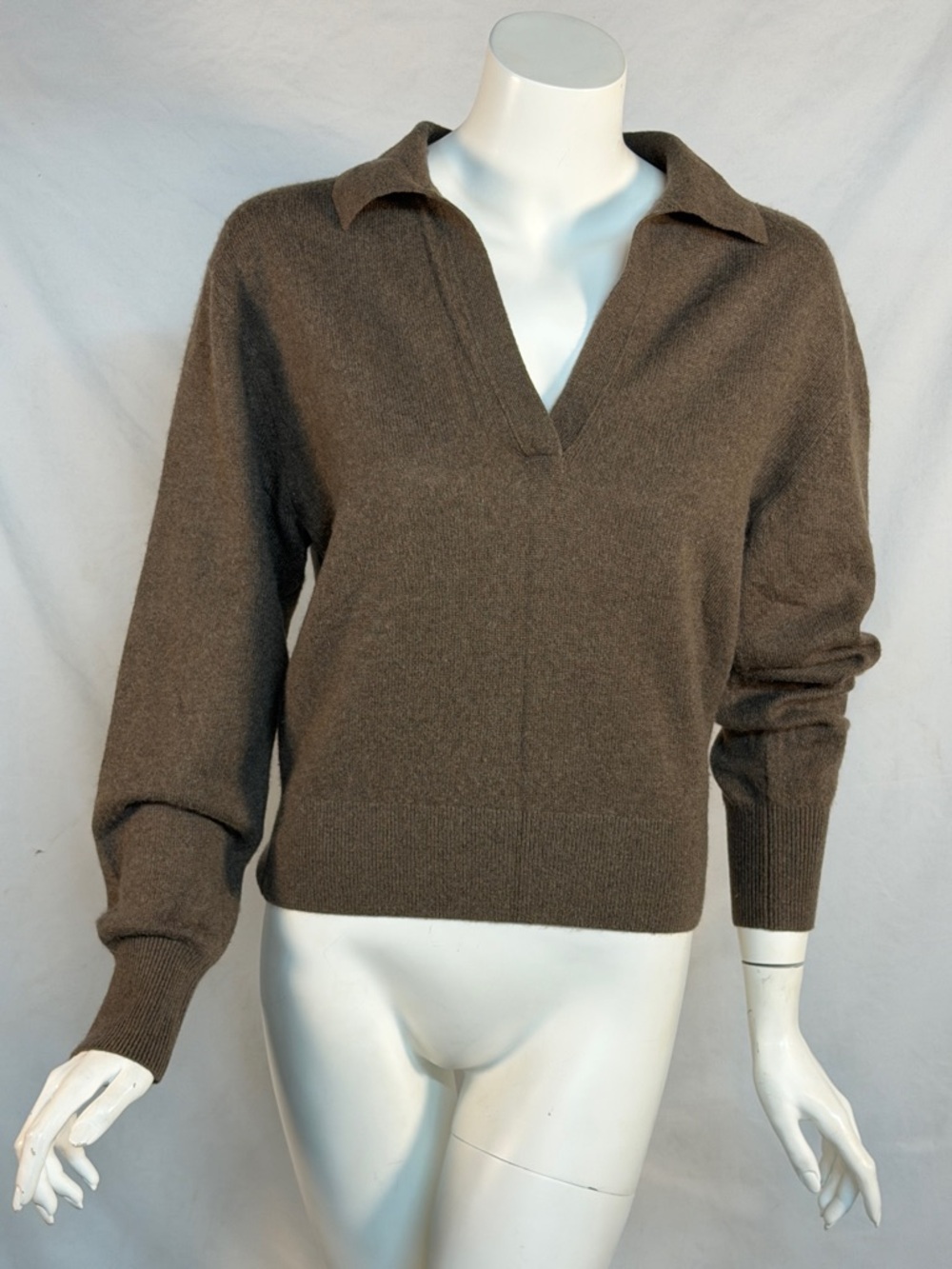 White + Warren Brown Cashmere Collared V-Neck Sweater with Layered Plum Top - Picture 2 of 9
